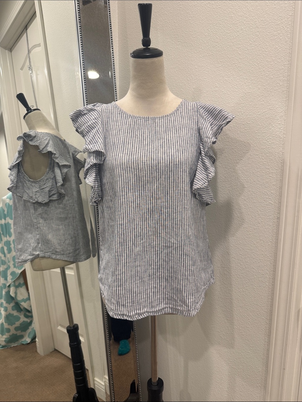 J. Crew Blue and White Pinstripe Ruffle Sleeve Blouse
